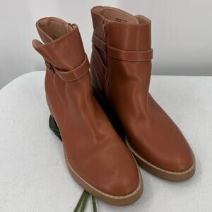 Loft Ann Taylor Brown Faux Leather Side Zip Block Heel Ankle Boot Bootie Shoes